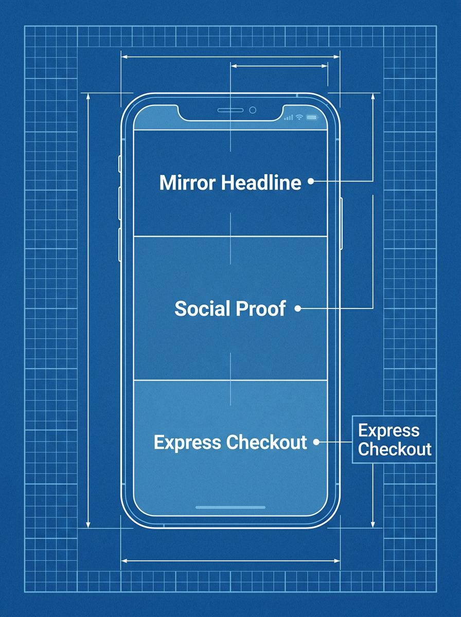A blueprint of a high-converting mobile landing page highlighting the headline, social proof, and checkout buttons.