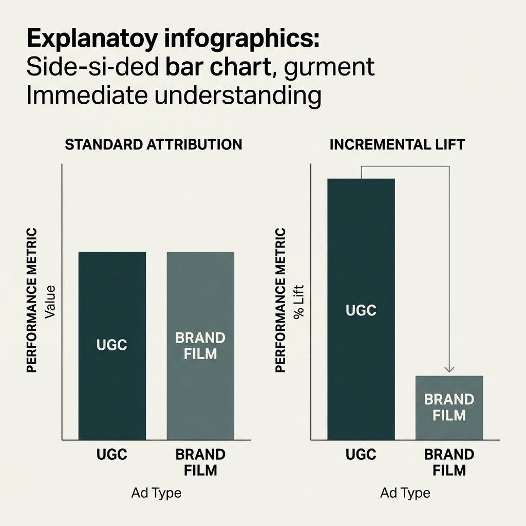 A chart comparing standard platform attribution versus true incremental lift for different creative types.