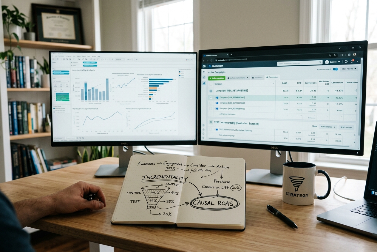 A professional workspace showing a marketer analyzing complex social media attribution data.