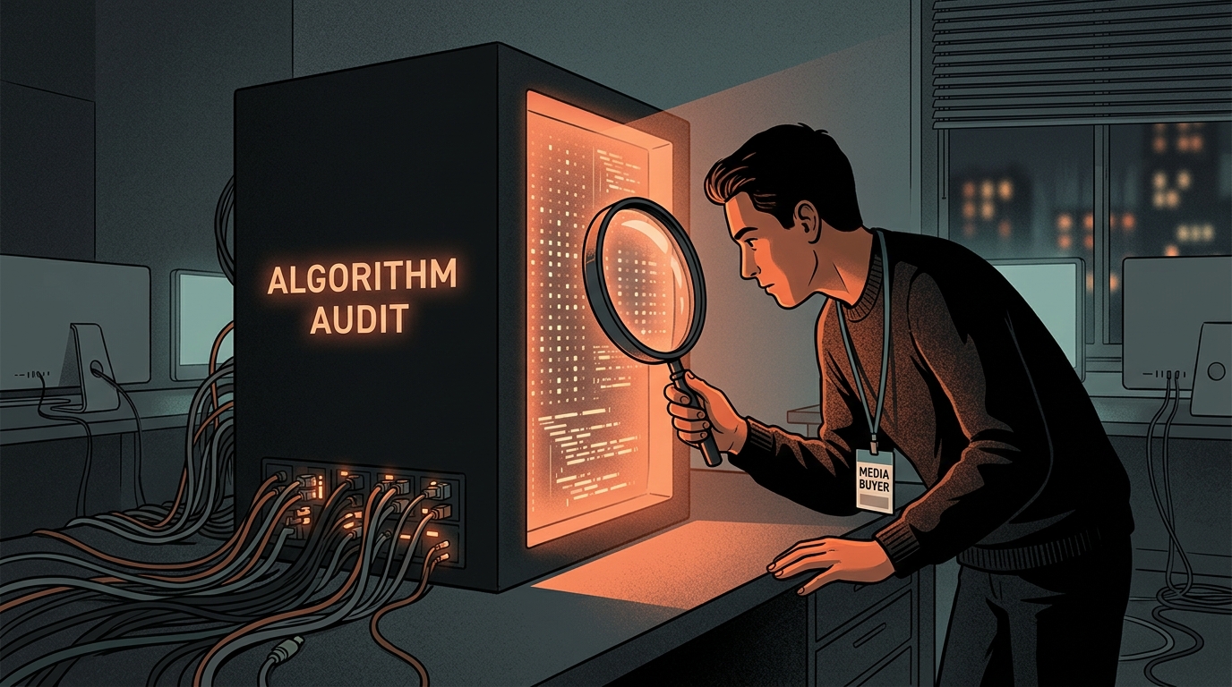 An illustration of a media buyer auditing a complex automated system represented by a black box.