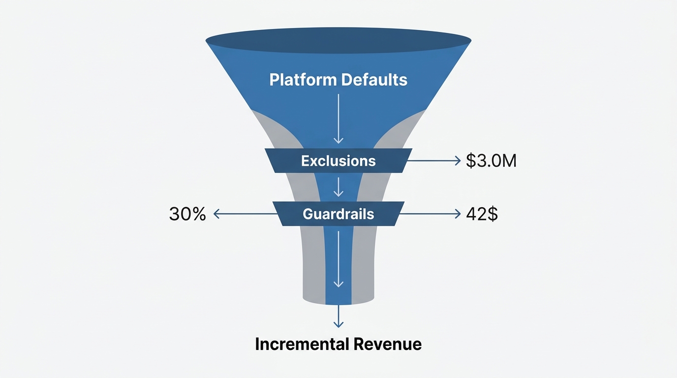 A funnel diagram showing how filters and guardrails turn platform defaults into incremental revenue.