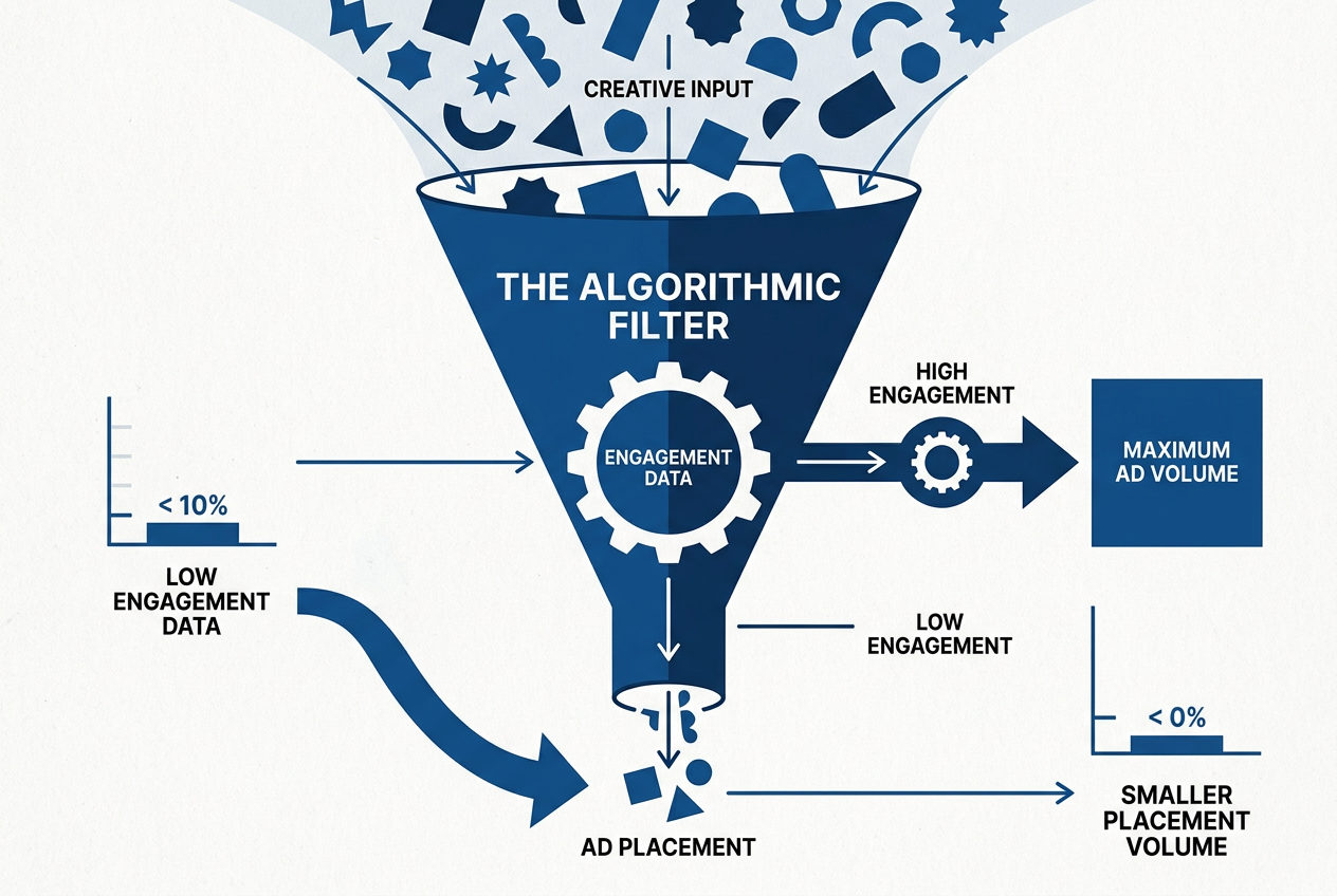 A diagram illustrating how platform algorithms use engagement data to determine how often an ad is shown.