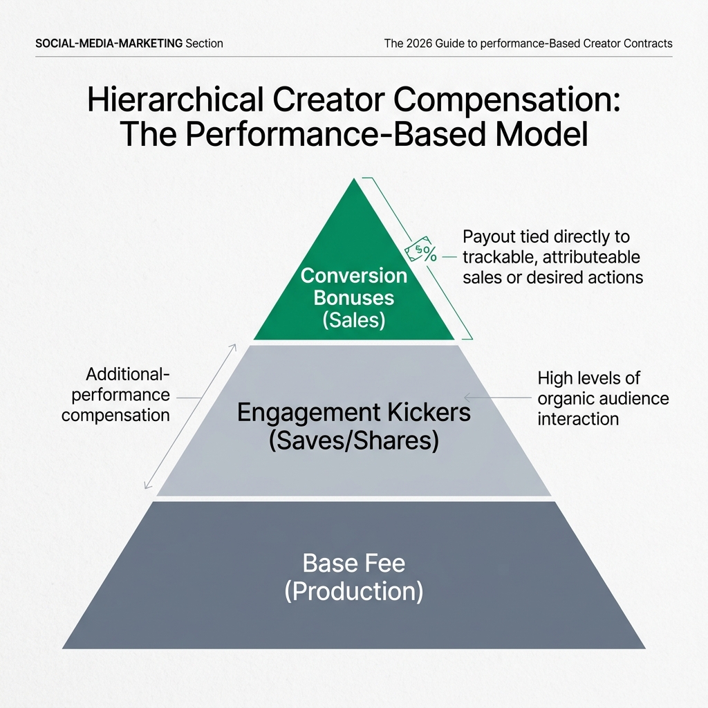 A pyramid diagram showing the three tiers of a hybrid creator contract: Base, Engagement, and Conversion.