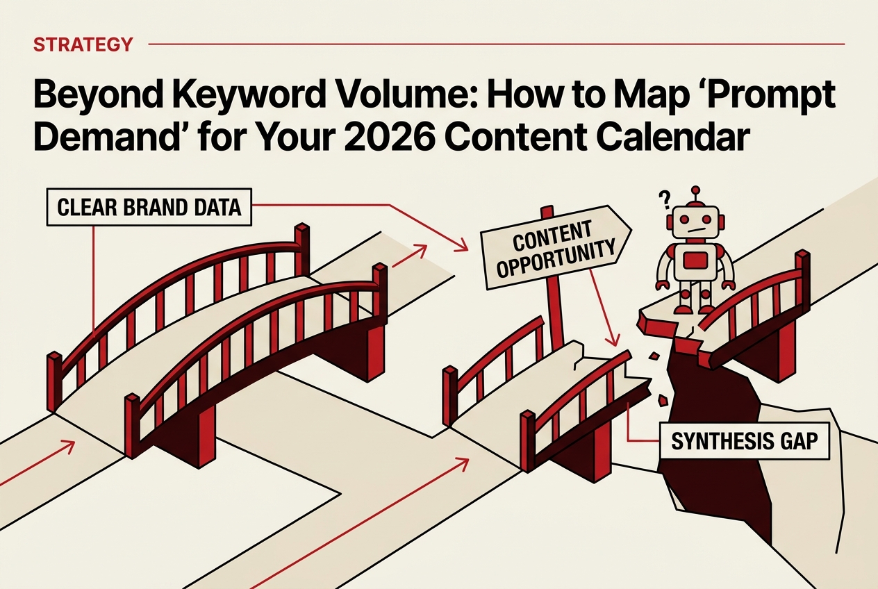 Infographic illustrating the 'Synthesis Gap' as a broken bridge between user questions and brand information.