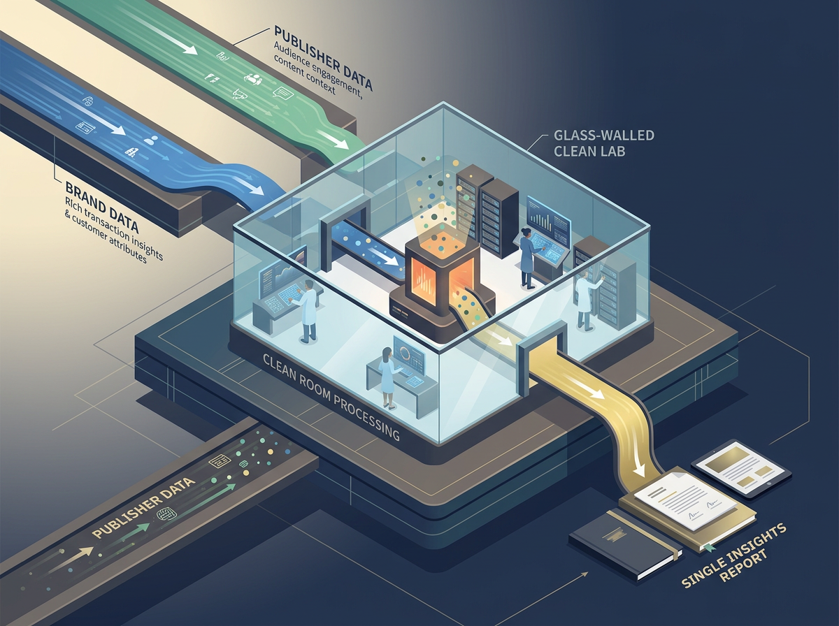 An isometric illustration of a data clean room showing privacy-safe data matching.