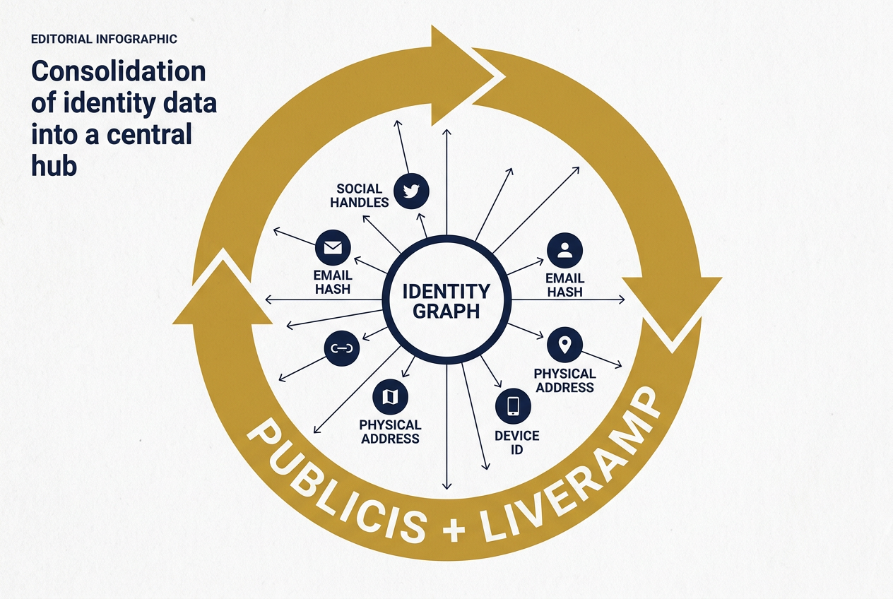 A diagram showing how different data points like email and device IDs connect to a central identity graph.