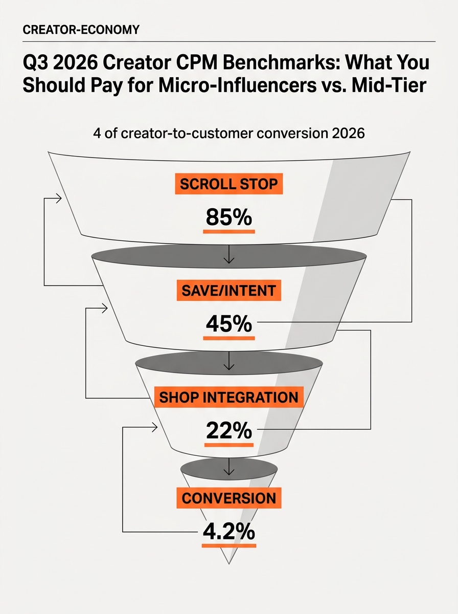 A social commerce conversion funnel showing drop-off rates from initial view to final purchase.