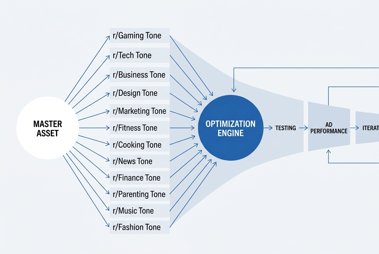 A diagram illustrating how automated creative testing could take one asset and adapt it for multiple different subreddit cultures.