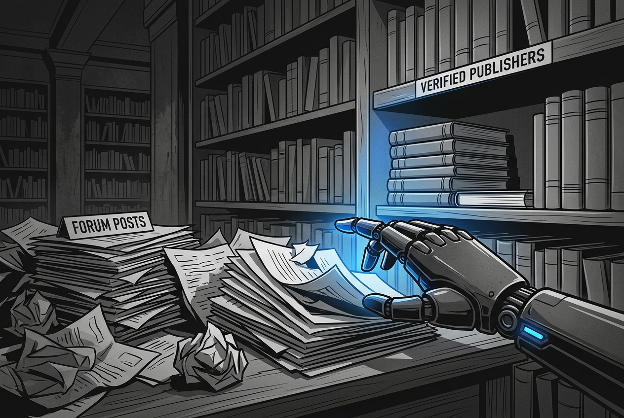 An illustration depicting the shift from user-generated forum content to verified publisher content in AI search.