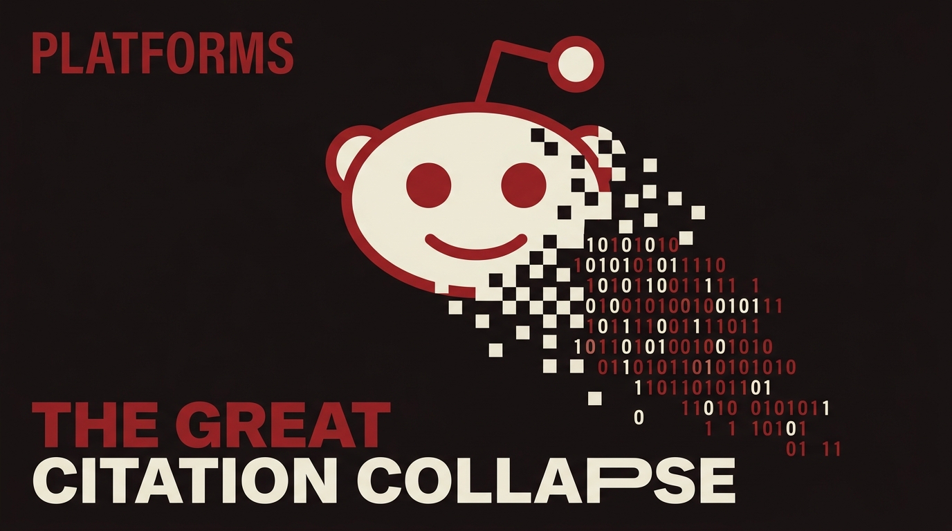 A graphic showing the Reddit logo breaking apart into digital fragments, symbolizing the loss of search visibility.