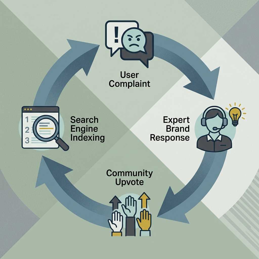 A circular diagram showing how public customer support on Reddit leads to long-term marketing value.