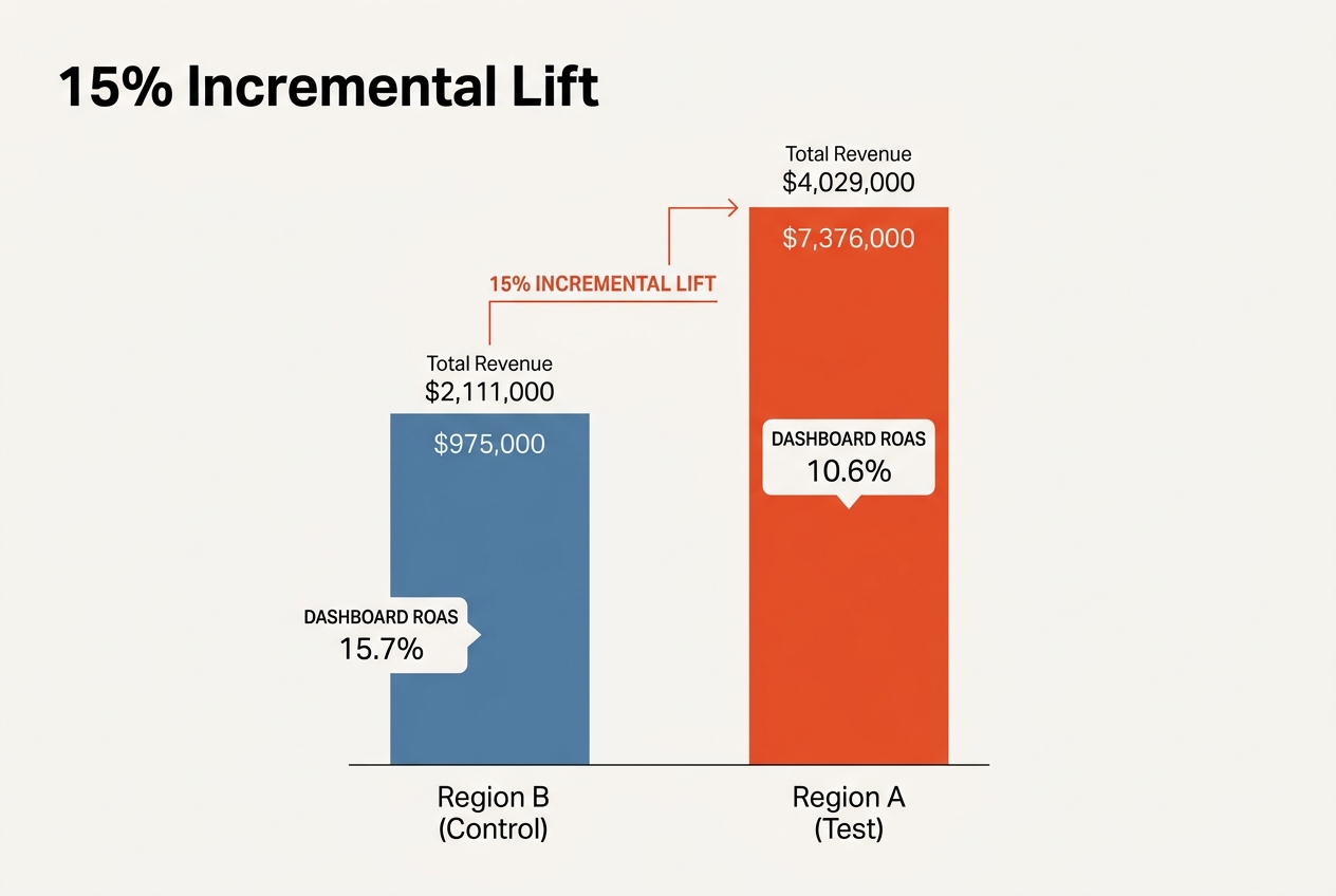 A data visualization showing the results of a geo-holdout test to prove incremental lift.