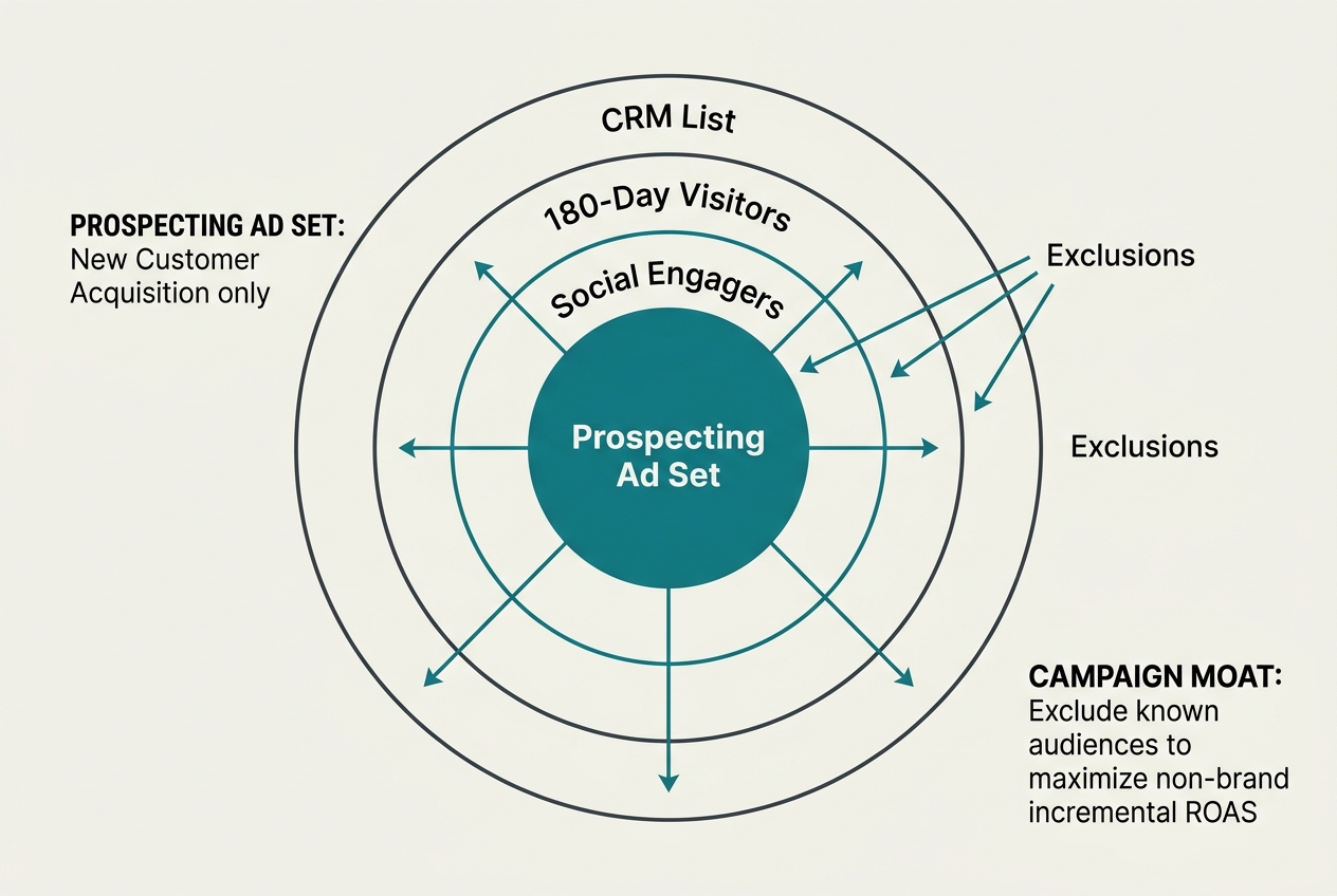 A diagram showing how to set up audience exclusions in Meta Ads Manager to isolate non-brand traffic.