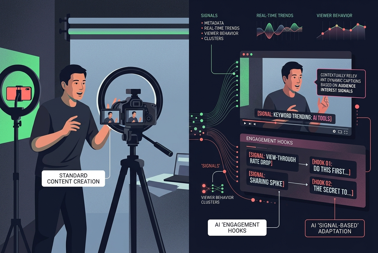 An illustration showing how AI can be used to adapt a single piece of creator content for multiple different real-time signals.