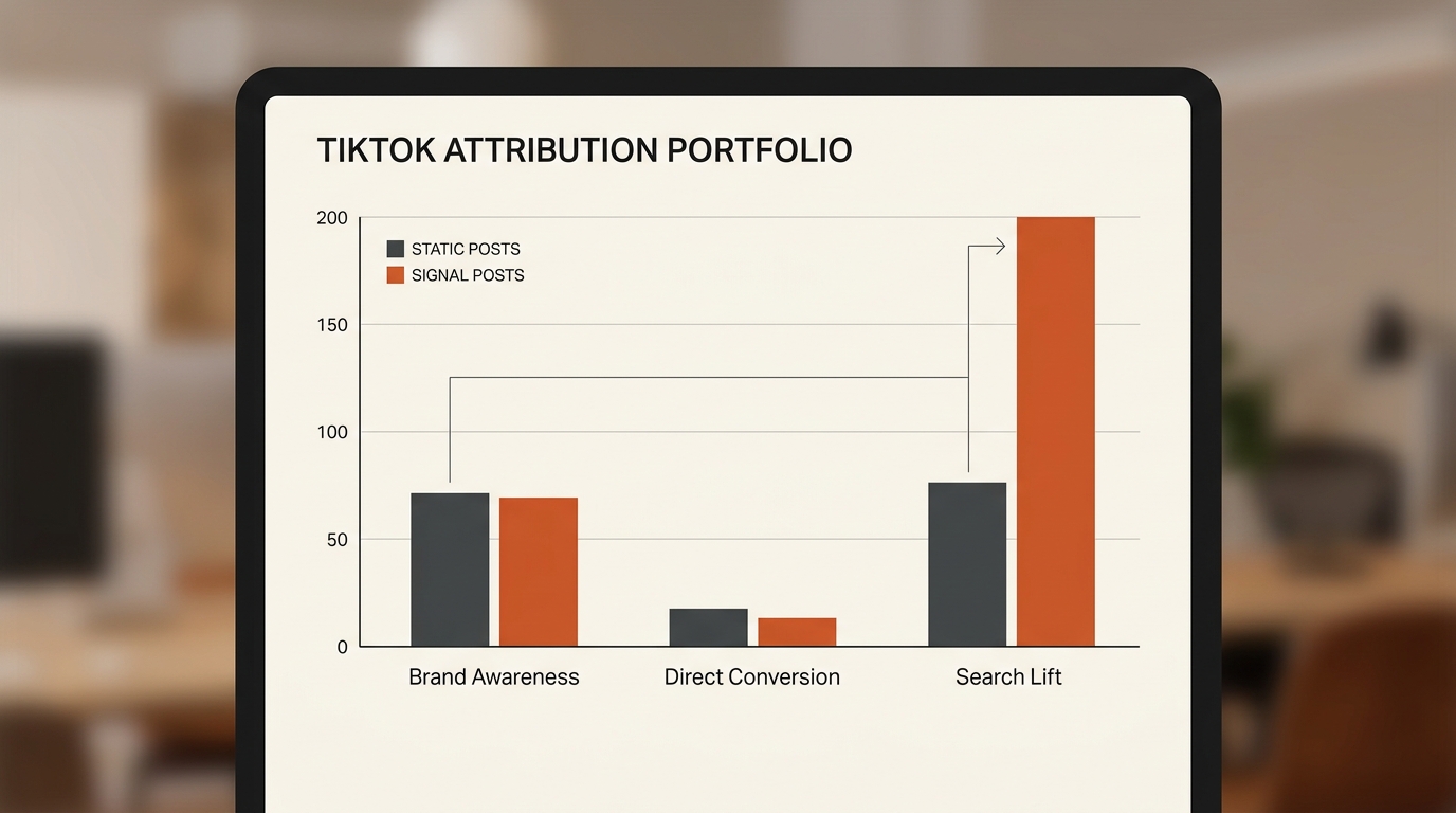 A mockup of a TikTok attribution dashboard showing higher search lift for signal-based posts compared to static posts.