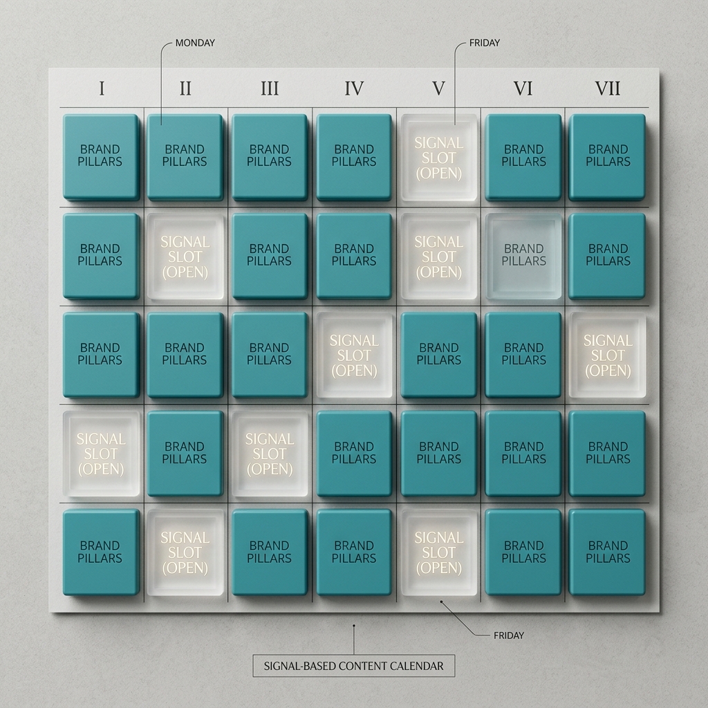 A calendar layout showing a mix of planned brand pillar content and open slots reserved for signal-based reactive content.