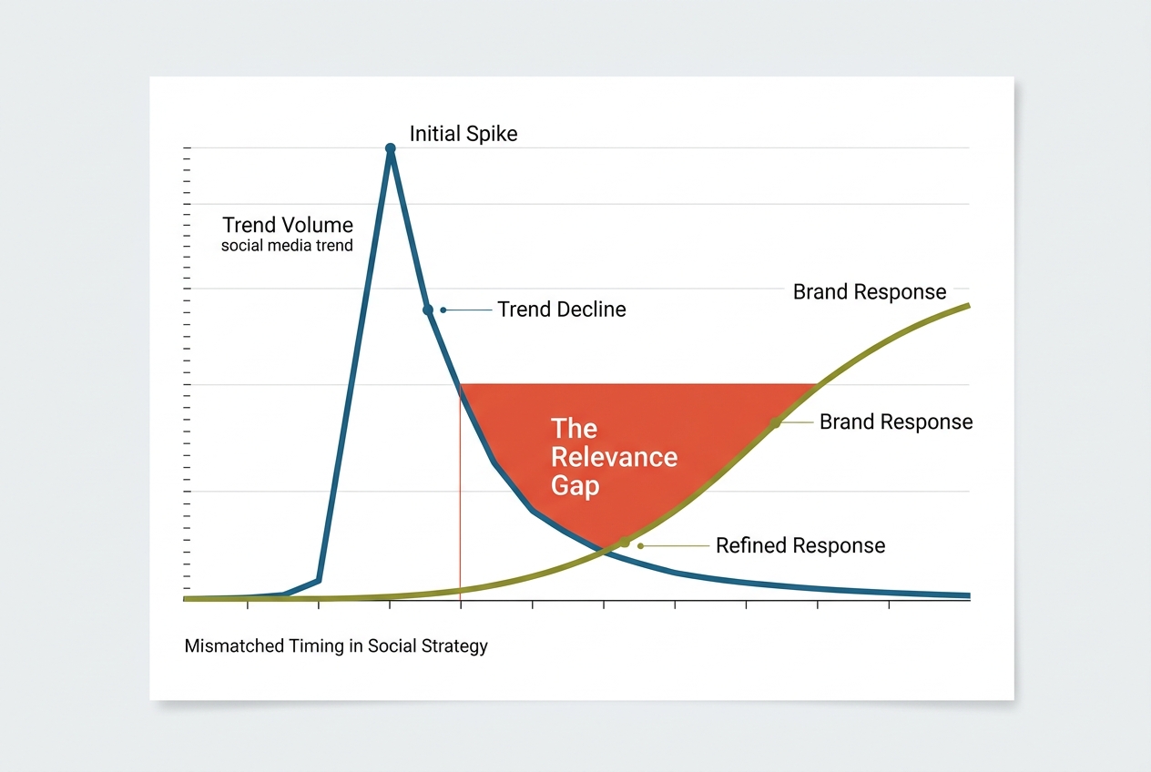 A chart showing the gap between when a trend peaks and when a brand typically responds, labeled as the relevance gap.