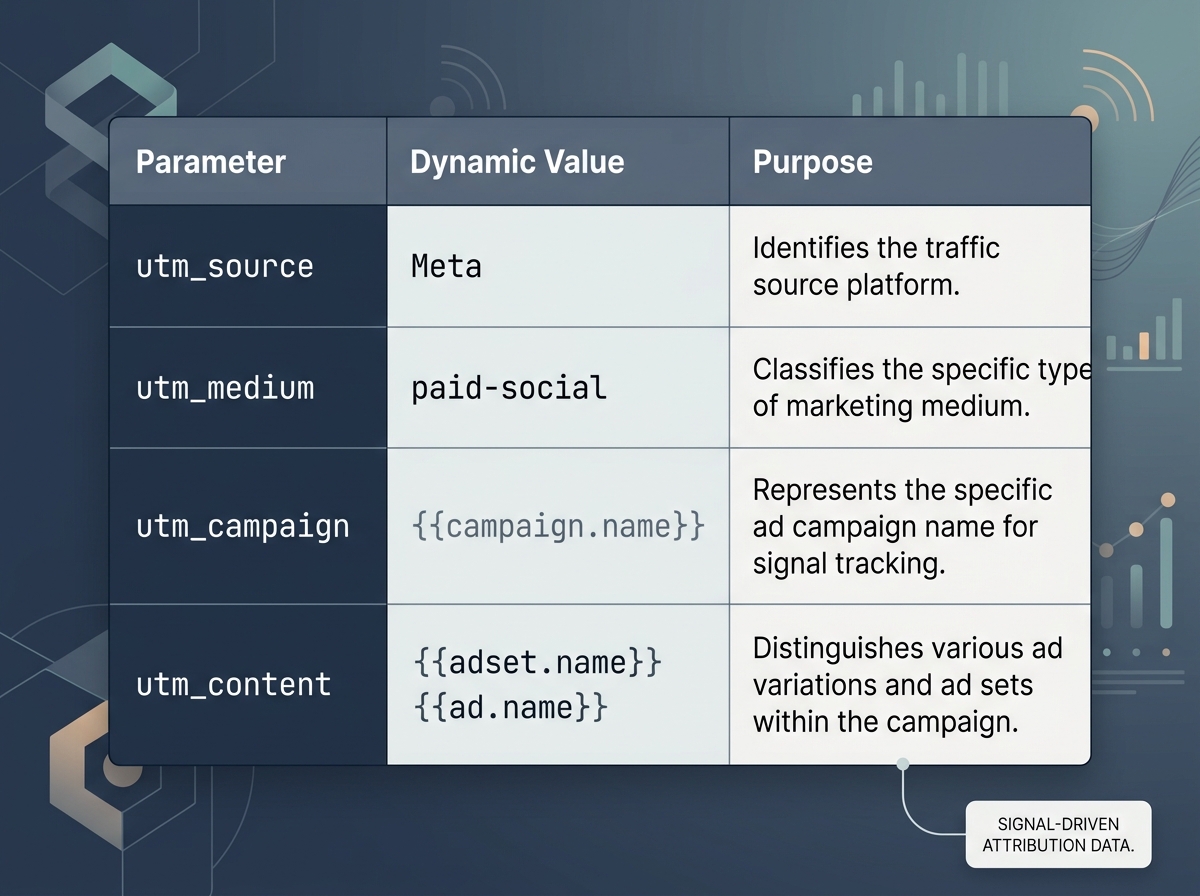 A table outlining a standardized UTM naming convention for social media ads.