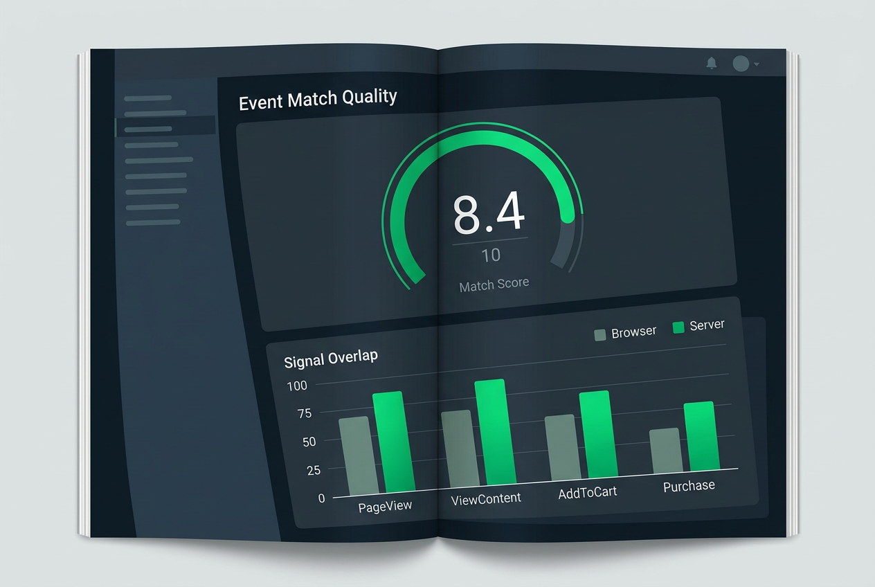 A mockup of a marketing analytics dashboard showing high event match quality and signal overlap.