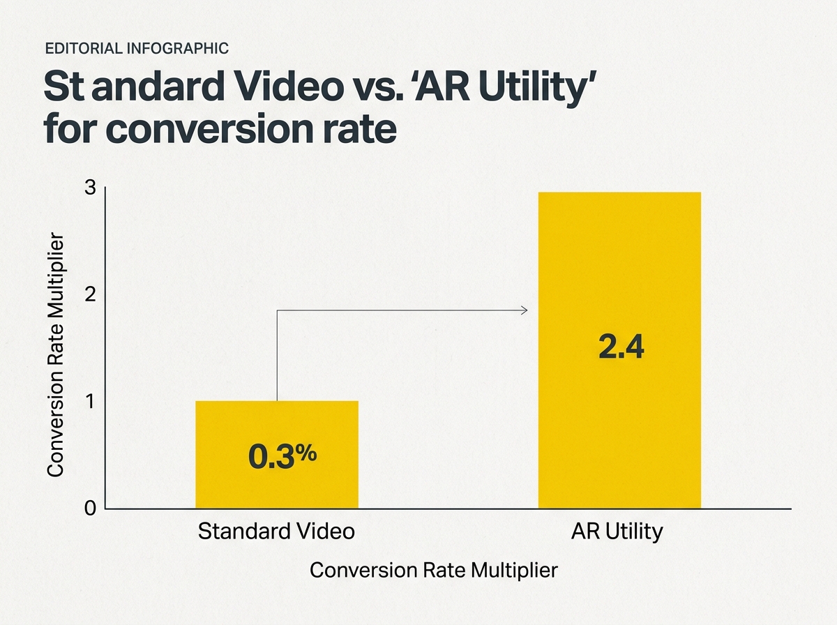 A bar chart comparing conversion rates of standard video ads versus AR utility ads, showing a significant lead for AR.