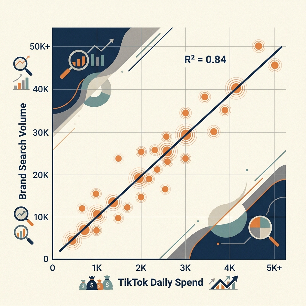 Scatter plot correlating social media spend with brand search volume increases.