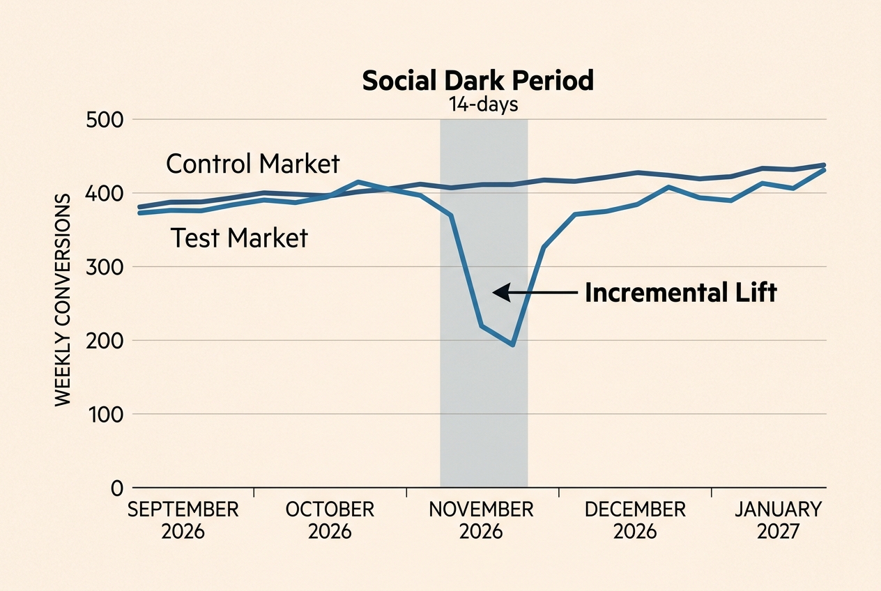 Line graph showing the revenue difference between a control market and a market where social ads were turned off.