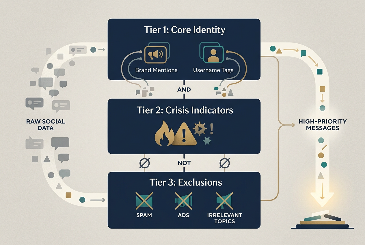 A schematic diagram showing how a three-tiered Boolean query filters raw social media data into high-fidelity crisis alerts.