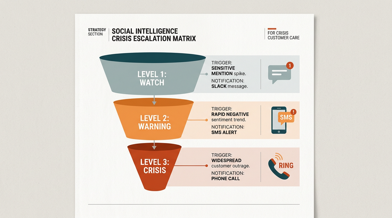 An infographic representing a three-tiered crisis escalation matrix with automated notification channels.