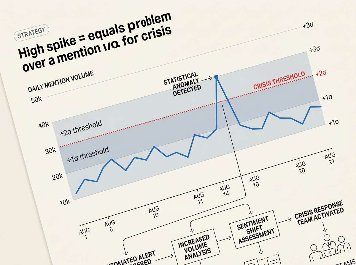 An infographic line chart demonstrating how to map daily mention volume against standard deviation baselines to identify anomalies.