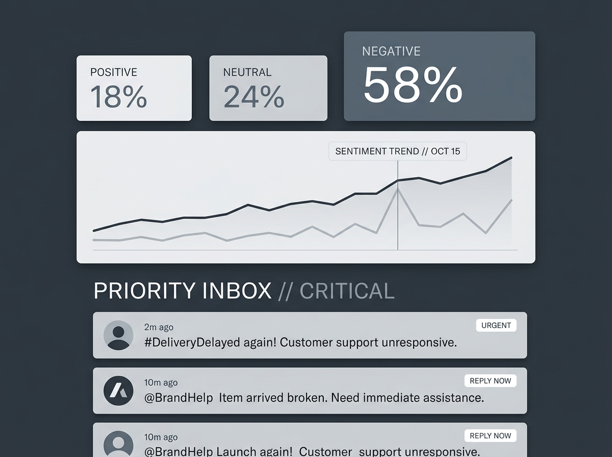 A mockup of a clean, high-priority social intelligence dashboard layout designed for rapid executive scanning.