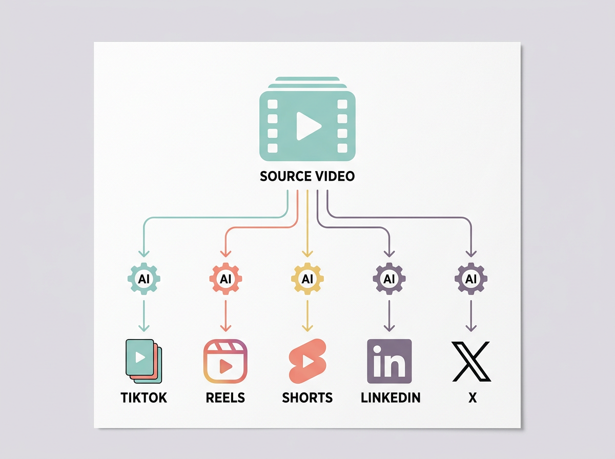 Infographic showing the process of turning one video into multiple platform-specific scripts using AI.