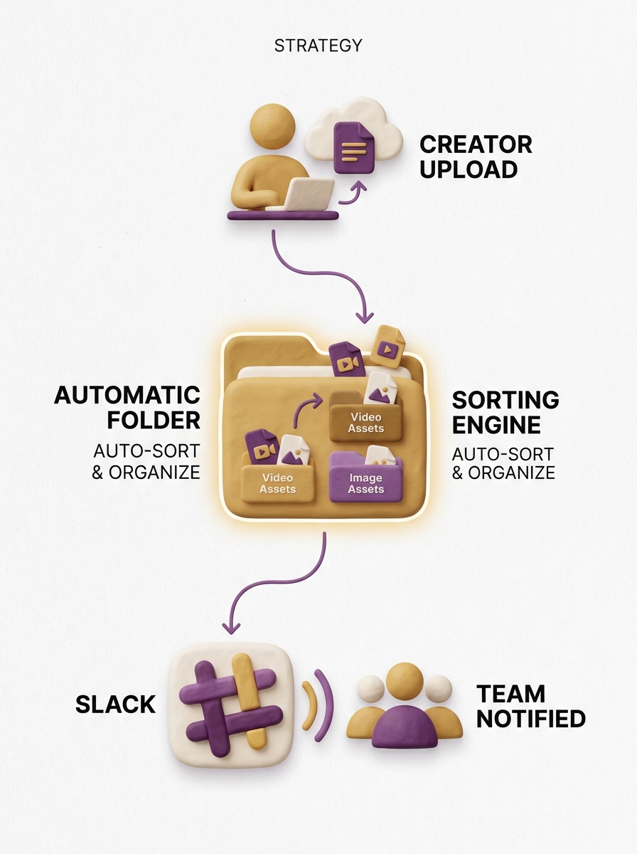 A workflow diagram showing the automated steps from creator upload to team notification.