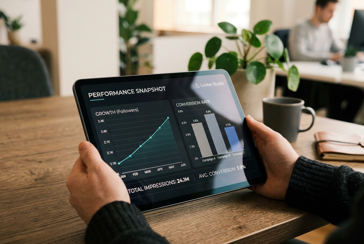 A clean social media reporting dashboard on a tablet showing key performance indicators.