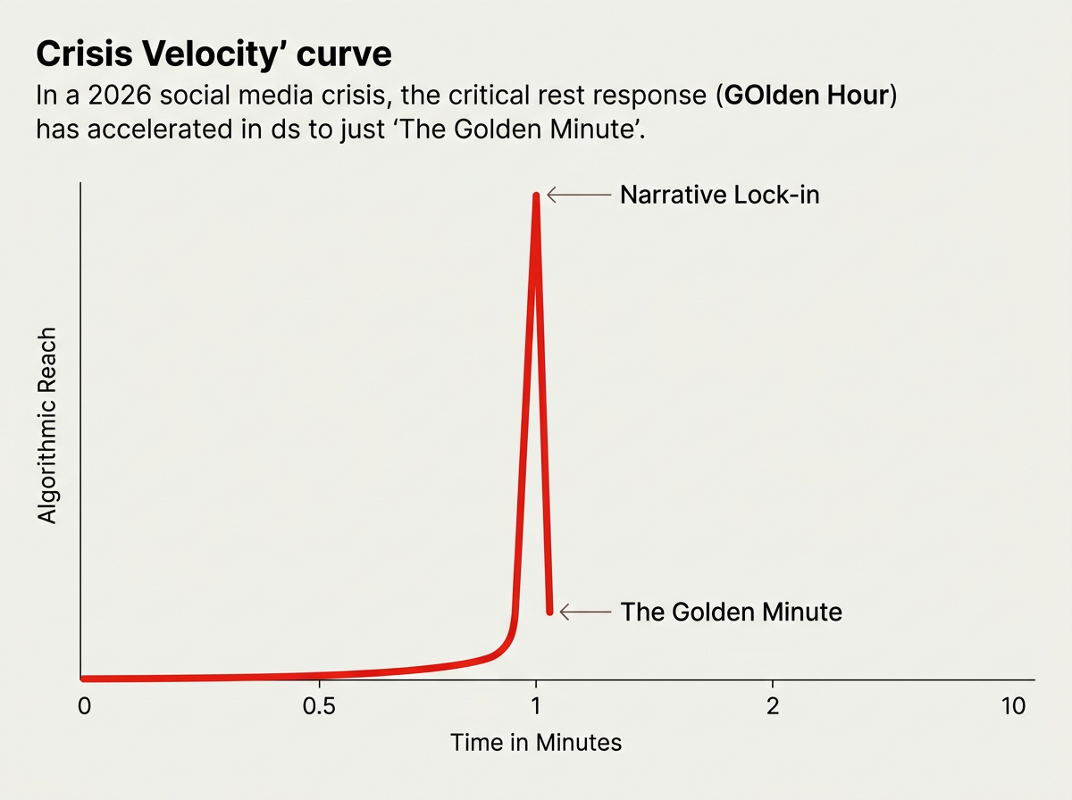 A line graph showing how algorithmic reach spikes within the first minute of a social media crisis.