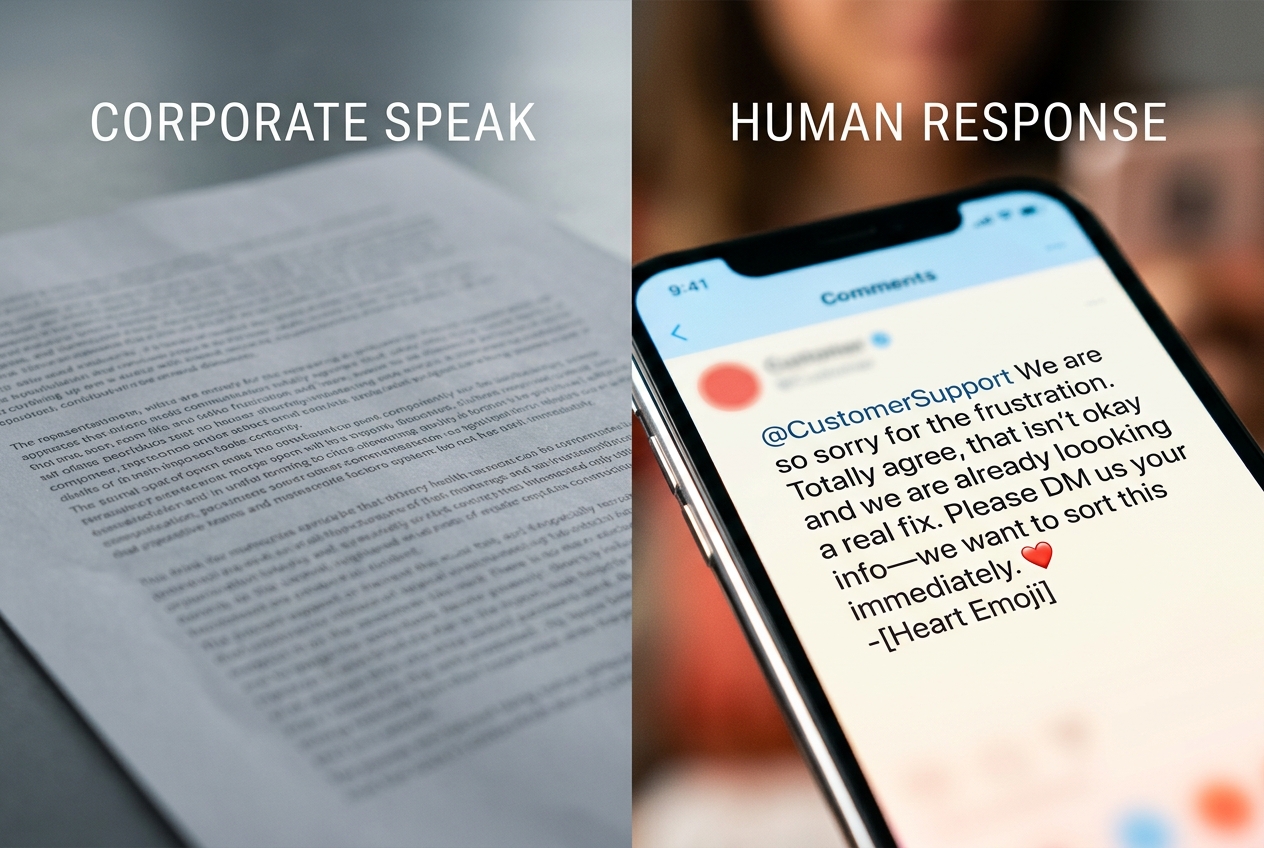 A comparison between a traditional corporate press release and a modern, human-centric social media response.