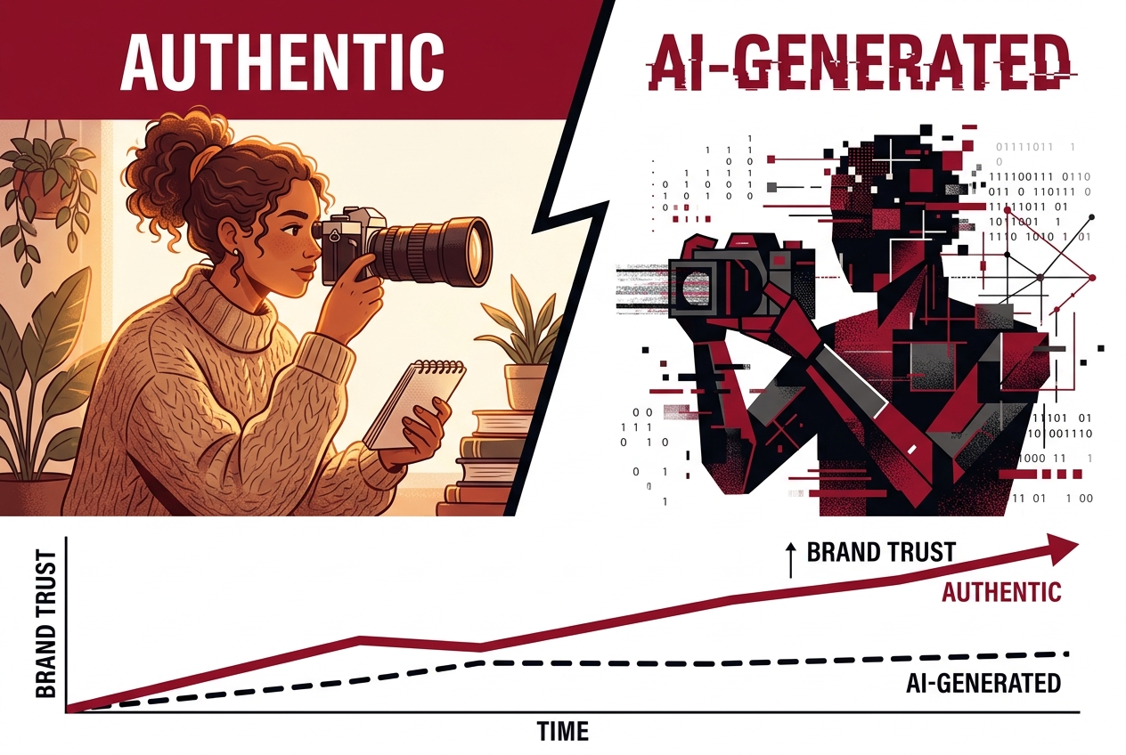 An illustration comparing the performance of authentic creator content versus AI-generated content in brand lift studies.