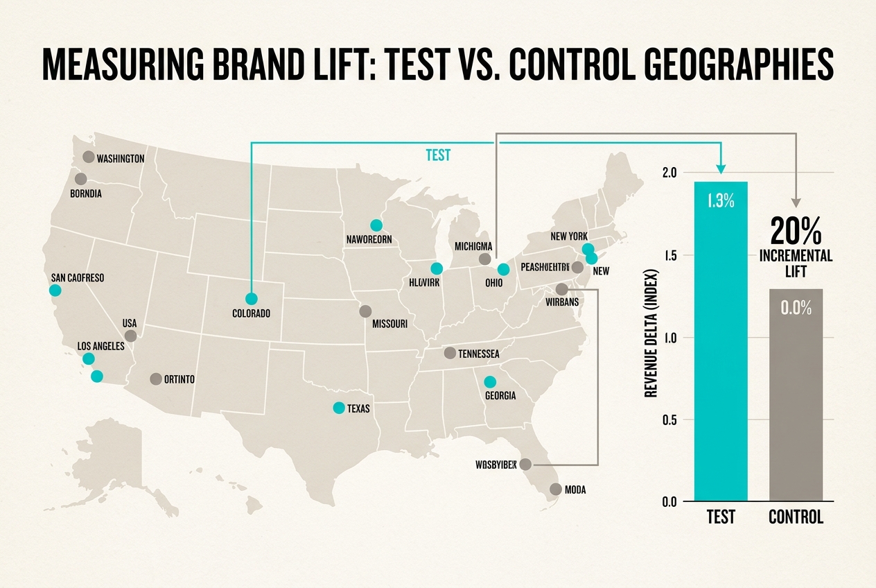 A map-based diagram explaining how geo-holdout testing works by comparing test and control markets.