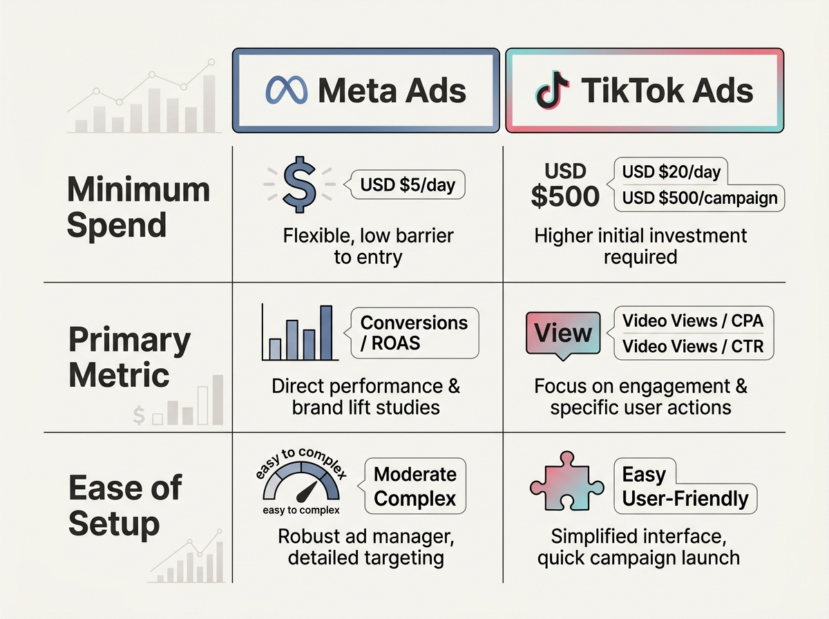 A comparison table showing the differences between Meta and TikTok brand lift study capabilities.