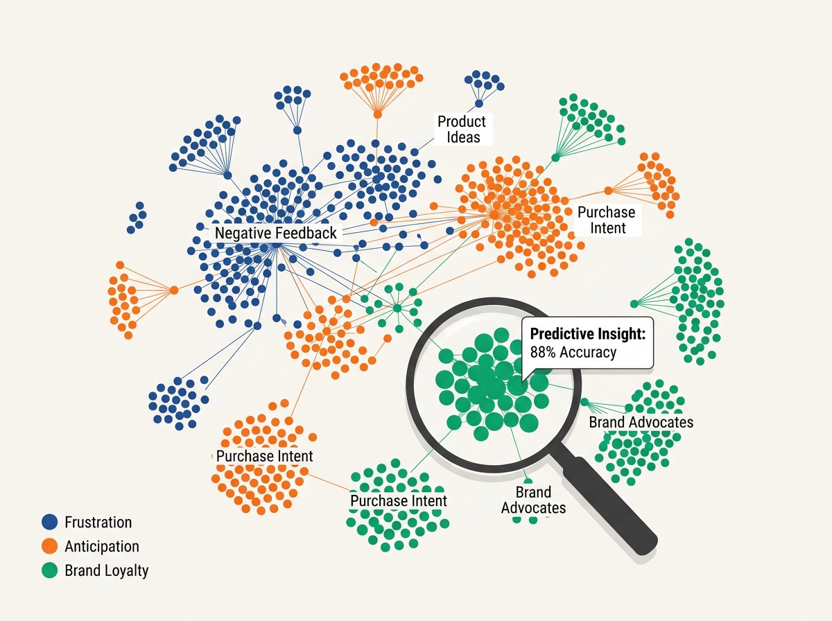 A 3D sentiment analysis map showing how AI categorizes social media comments into predictive insights.