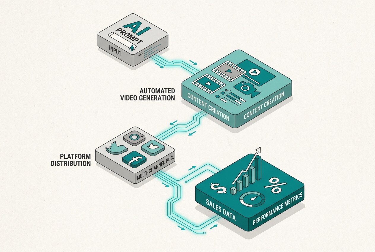An isometric diagram showing the automated workflow of a generative social media specialist.