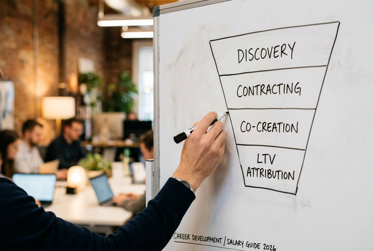 A hand drawing a creator relations funnel on a whiteboard in a professional office setting.