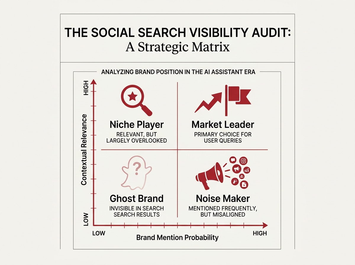 A 2x2 matrix diagram comparing brand mention probability and contextual relevance in AI search.