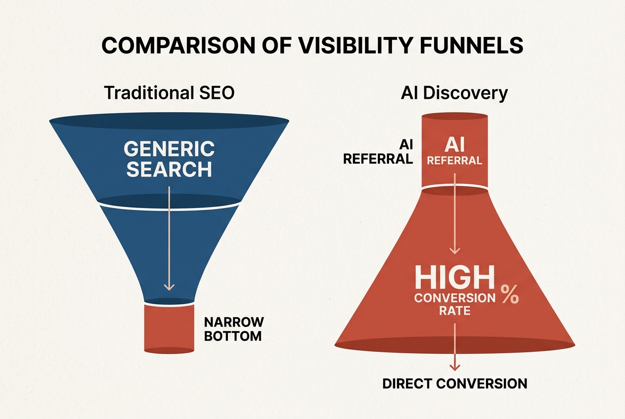 A comparison diagram showing how the marketing funnel shifts from generic search to high-intent AI referrals.