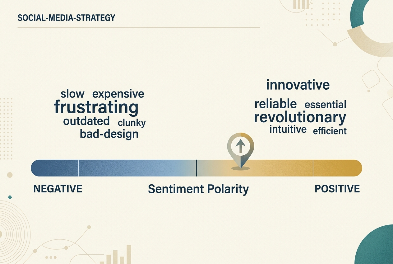 A sentiment polarity scale showing how AI assistants categorize brand reputation using adjective clusters.