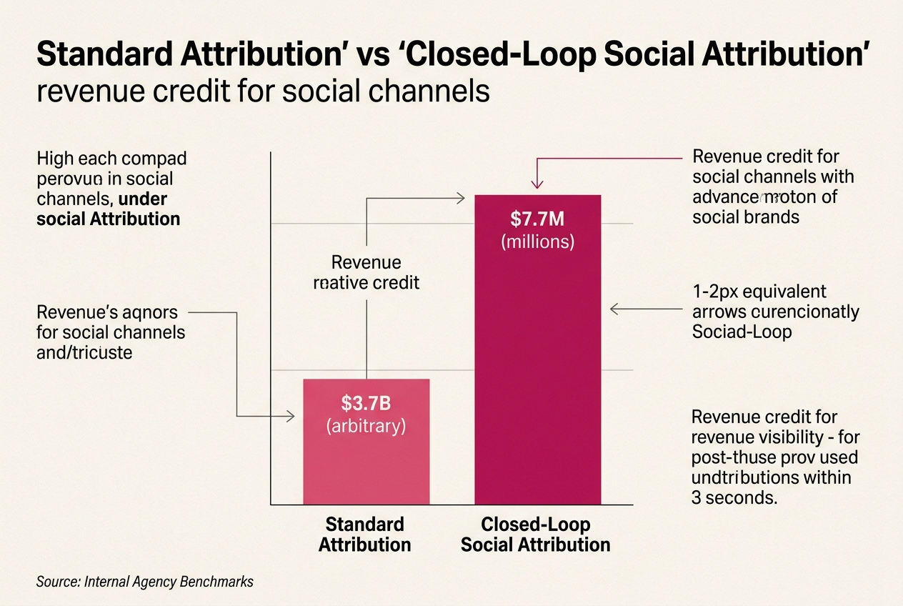 Bar chart comparing different attribution models and their impact on social media revenue reporting.