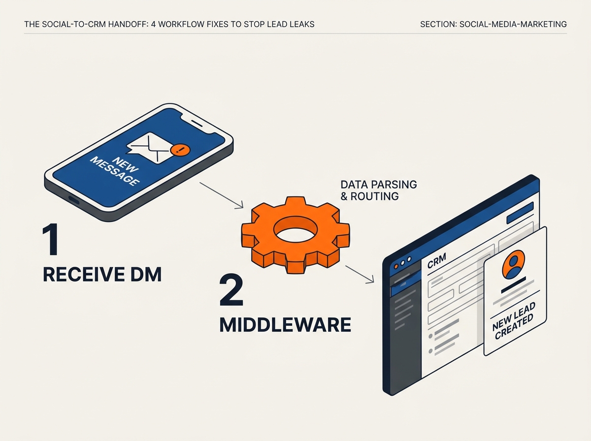 Flowchart showing the automation steps from a social DM to a CRM lead entry.