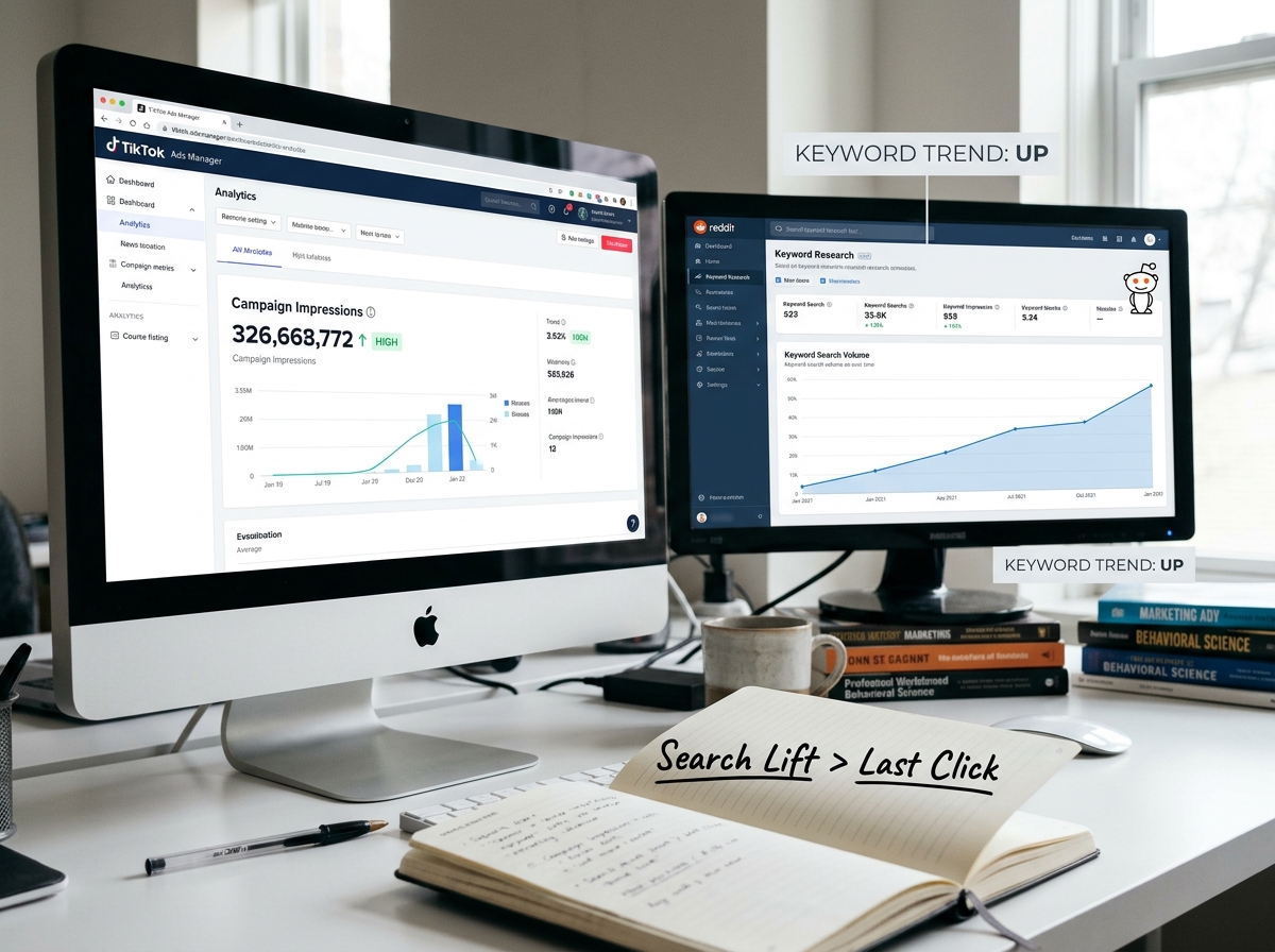 A strategist's desk showing the tools used to measure the correlation between social media ads and search trends.