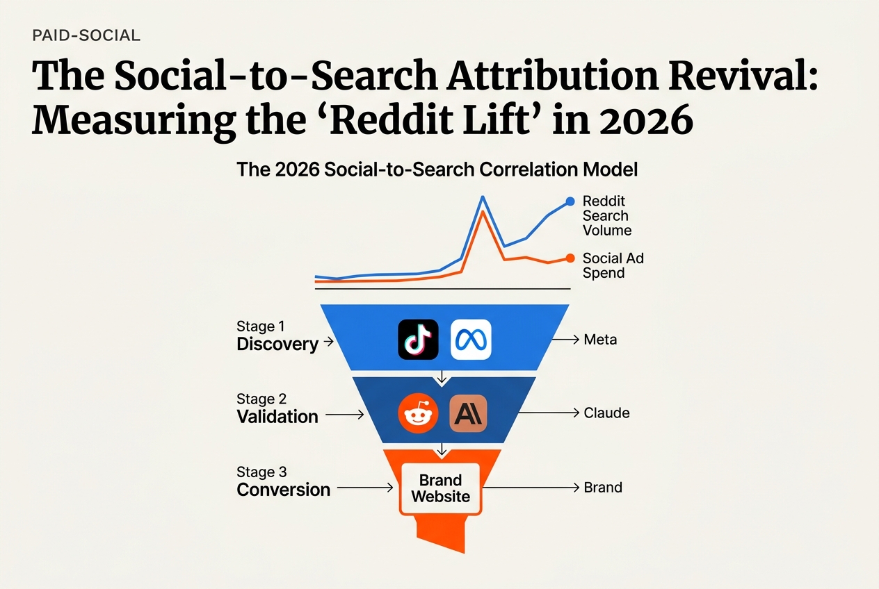 An infographic showing how social ad spend correlates with a spike in Reddit search volume and final conversions.
