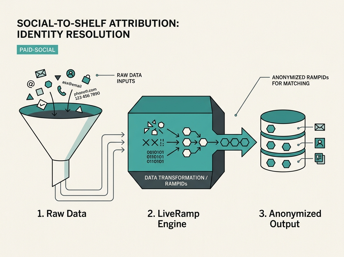 A diagram illustrating how raw customer data is converted into anonymized RampIDs for privacy-safe matching.