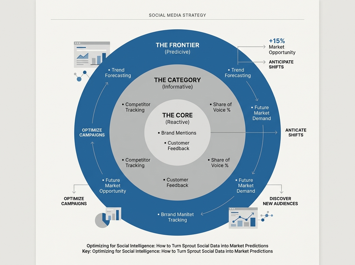 A diagram showing the three tiers of social listening: Core, Category, and Frontier.